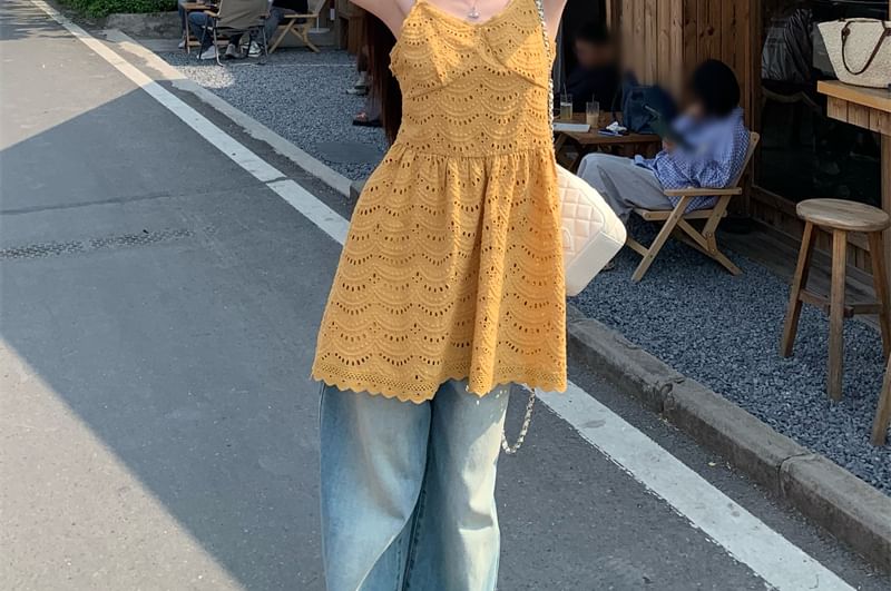 Embroidered Dress Plain Spaghetti Mini A-Line Eyelet Strap