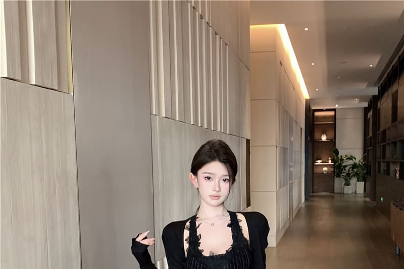 Lace Panel Pinstriped Tank Cardigan Skirt Pencil Neck / Top Plain High Plaid Waist Scoop Tie-Up Maxi