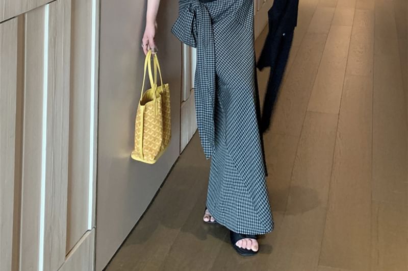 Lace Panel Pinstriped Tank Cardigan Skirt Pencil Neck / Top Plain High Plaid Waist Scoop Tie-Up Maxi