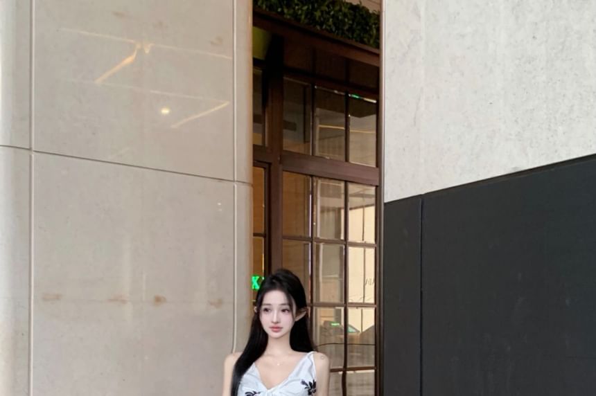 Floral High Plain Cami V-Neck Rise Slit Top Skirt Maxi Pencil / Print