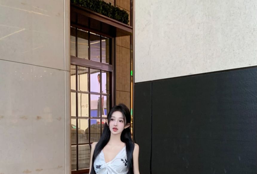 Floral High Plain Cami V-Neck Rise Slit Top Skirt Maxi Pencil / Print