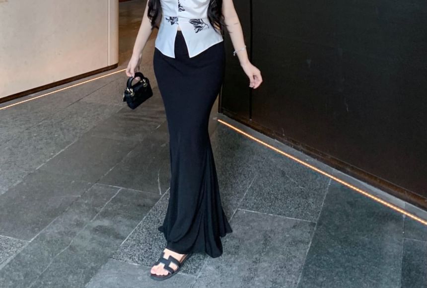 Floral High Plain Cami V-Neck Rise Slit Top Skirt Maxi Pencil / Print