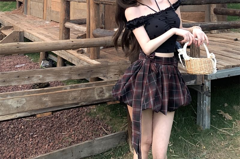 Dotted High Plaid Frill Balloon Rise Top Skirt A-Line Mini Cami /