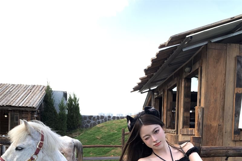 Dotted High Plaid Frill Balloon Rise Top Skirt A-Line Mini Cami /