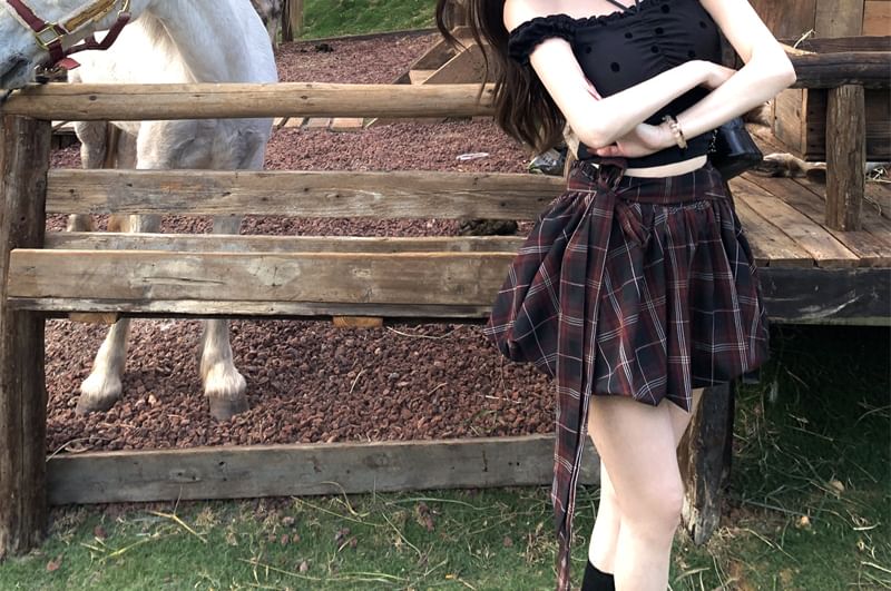 Dotted High Plaid Frill Balloon Rise Top Skirt A-Line Mini Cami /