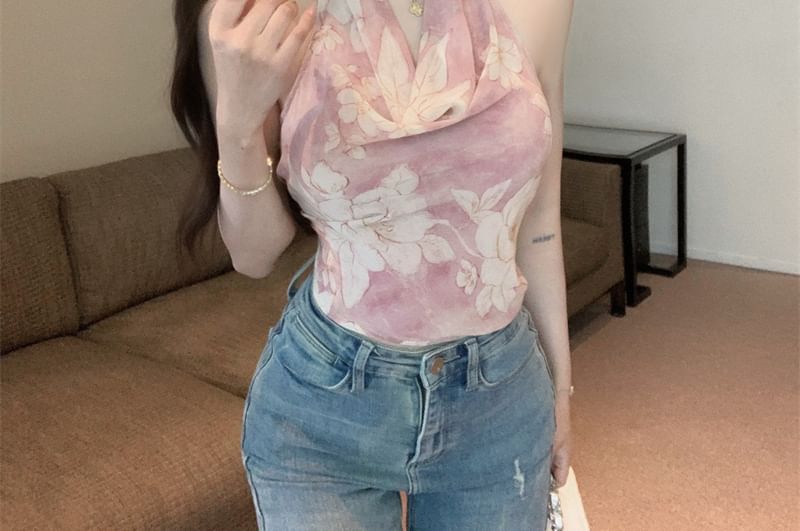 Halter Neck Cowl Print Floral Top