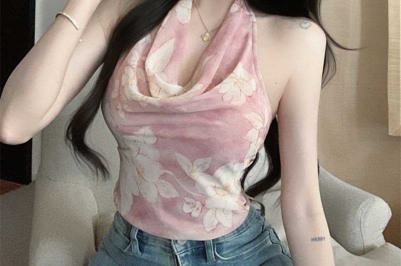 Halter Neck Cowl Print Floral Top