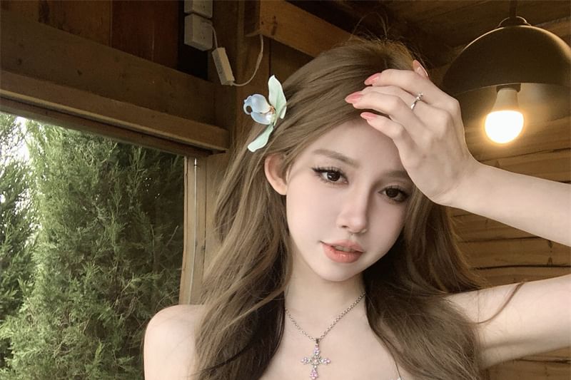 Mesh Applique Lace Floral Panel Tube Ruched Crop Trim Top