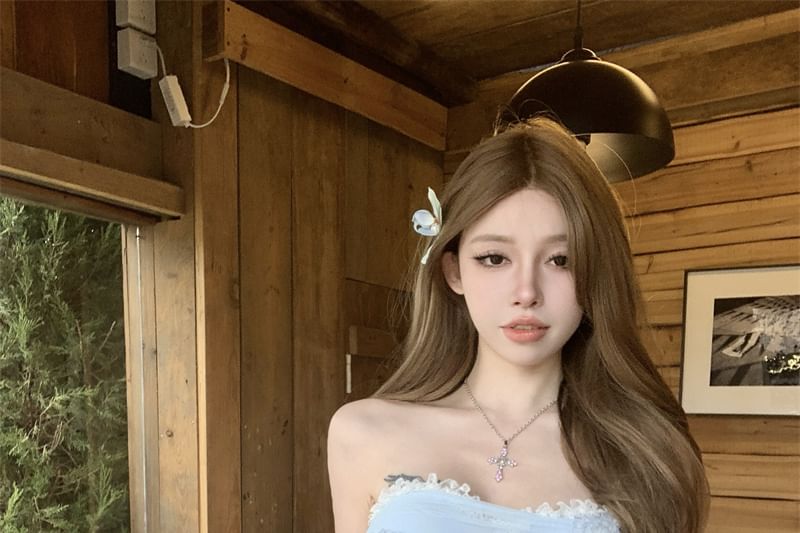 Mesh Applique Lace Floral Panel Tube Ruched Crop Trim Top