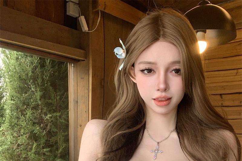 Mesh Applique Lace Floral Panel Tube Ruched Crop Trim Top