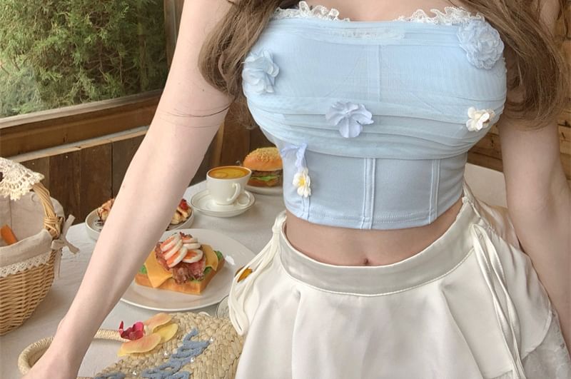 Mesh Applique Lace Floral Panel Tube Ruched Crop Trim Top