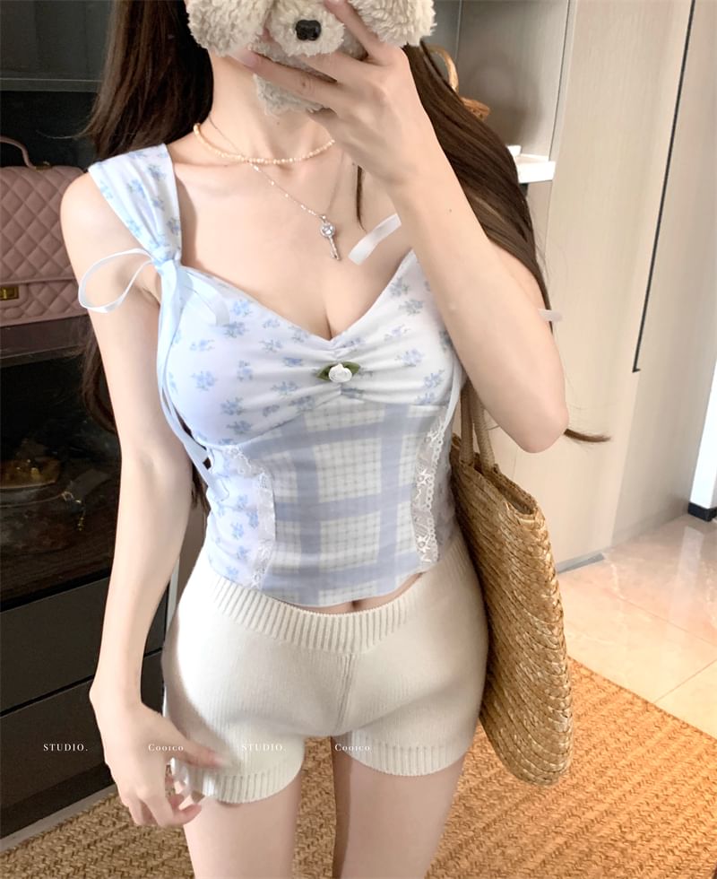 Floral V-Neck Panel Print Bow Tank Padded Top