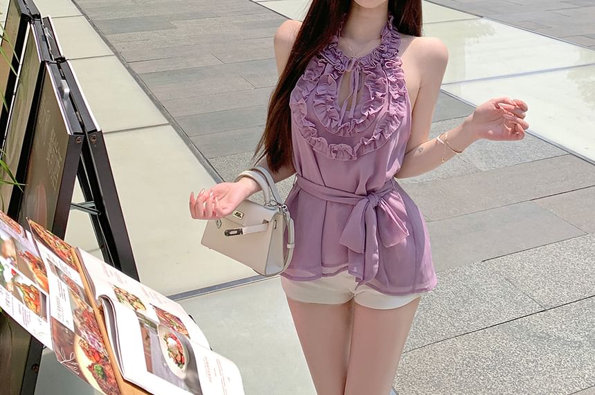 Keyhole Top Ruffle Plain Halter