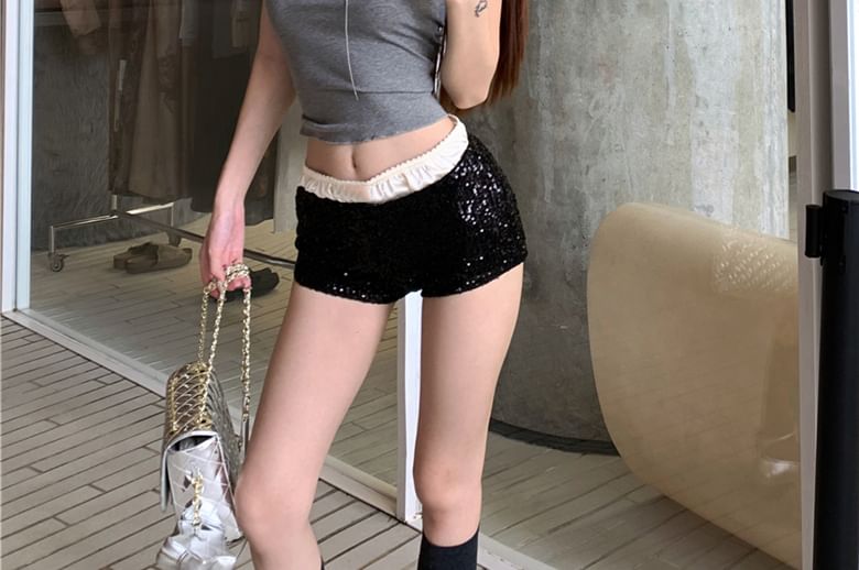 Mid / Tank Plain Shorts Low Lace Satin Undershorts Top Trim Sequin Rise Scoop Neck