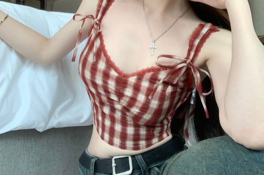 Plaid Top Bow Crop V-Neck Cami