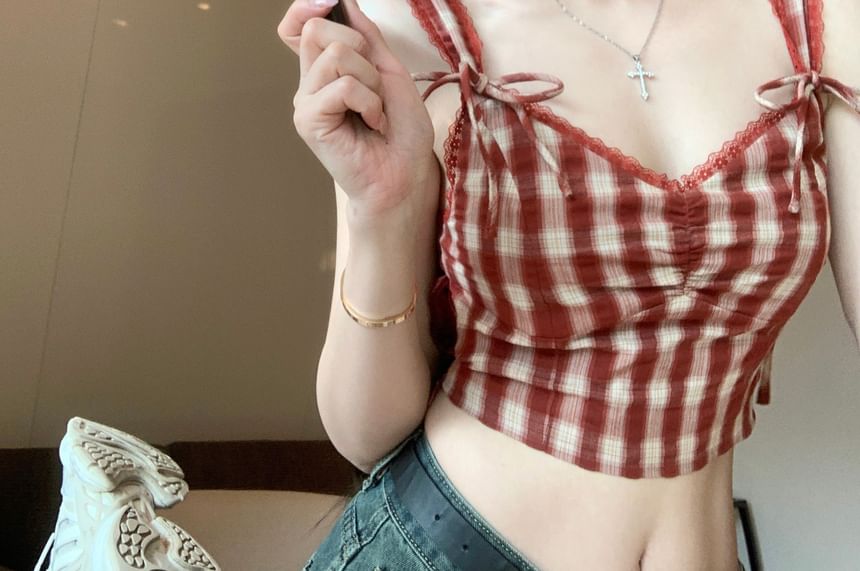 Plaid Top Bow Crop V-Neck Cami