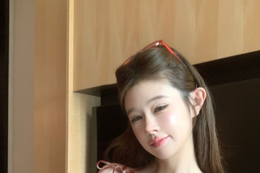 Plaid Top Bow Crop V-Neck Cami