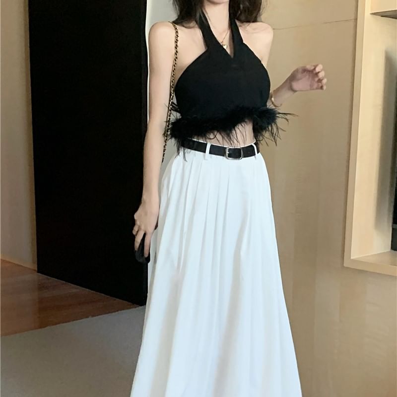 Top High Skirt Maxi Feather Trim Waist A-Line Plain / Crop Pleated Halter