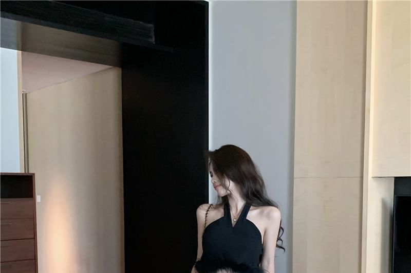 Top High Skirt Maxi Feather Trim Waist A-Line Plain / Crop Pleated Halter