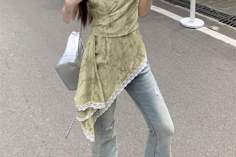 Print Trim Top Patterned Camisole Lace Asymmetrical