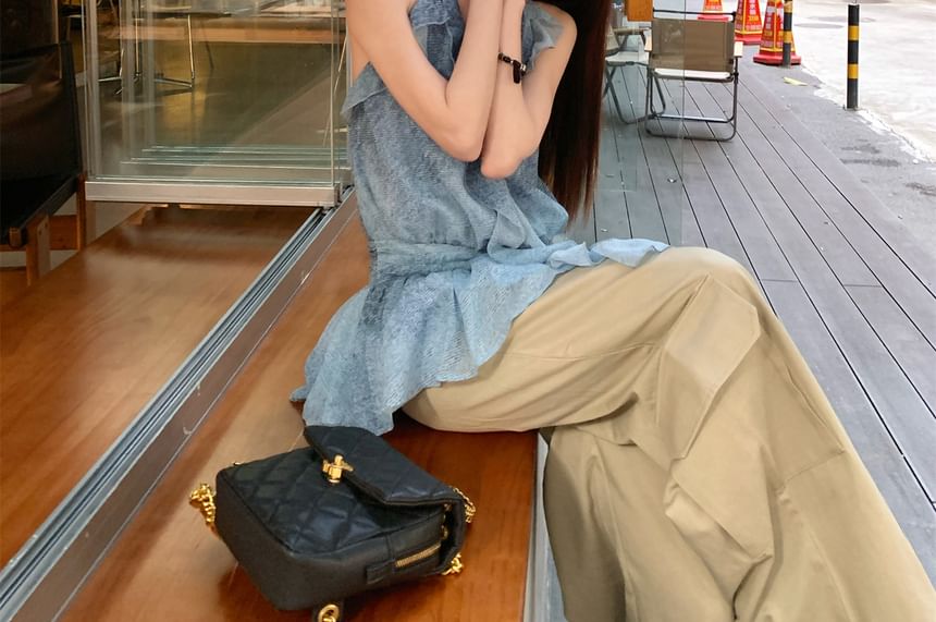 Pants Top Patterned Halter Cargo Ruffle Wide Leg Plain / Print High Waist