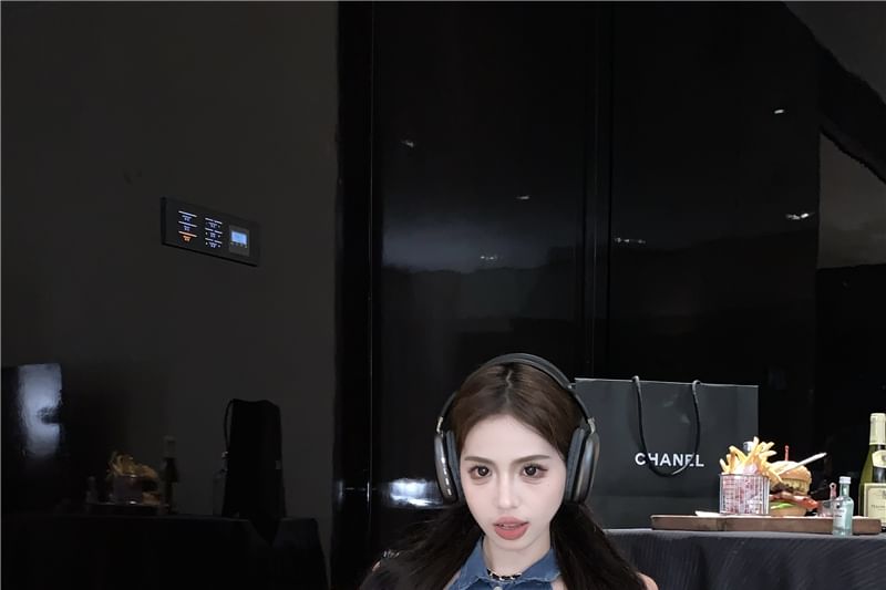 Mini Washed Vest Skirt / Button Pencil Crop Collared Denim Waist High