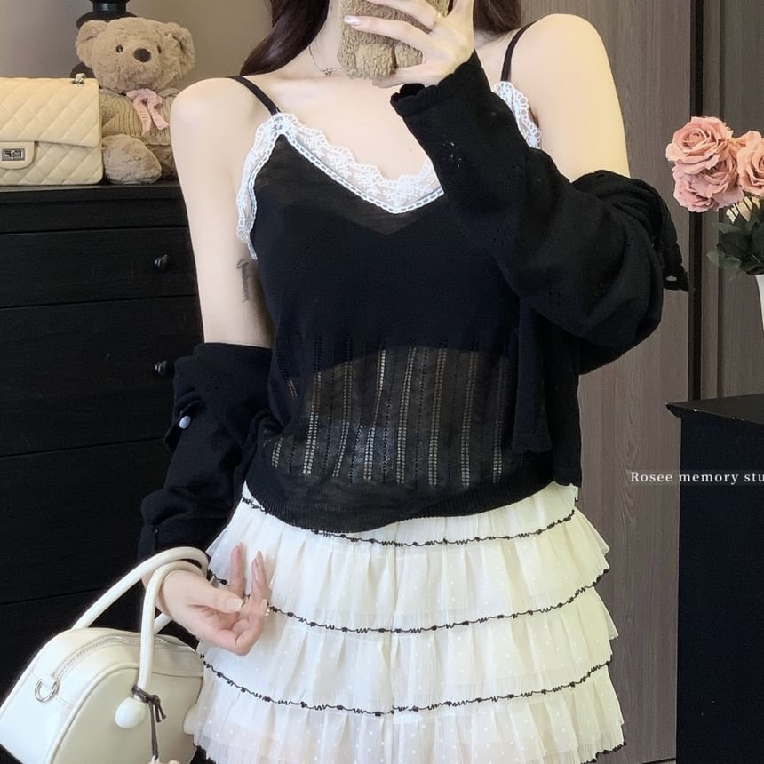 Round V-Neck Neck Cardigan Trim Top Set: Knit Plain Camisole Lace +
