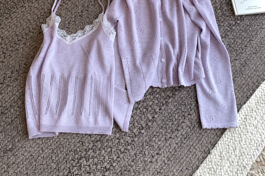Round V-Neck Neck Cardigan Trim Top Set: Knit Plain Camisole Lace +