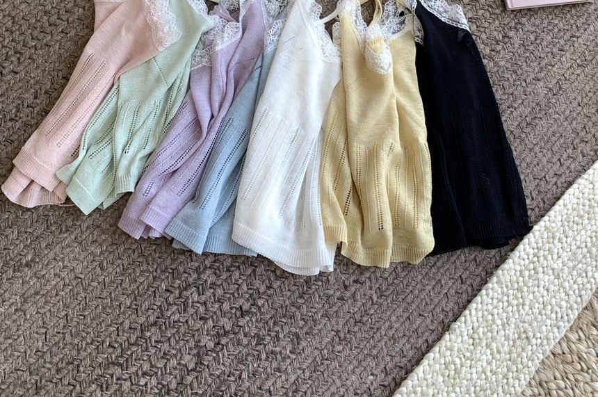 Round V-Neck Neck Cardigan Trim Top Set: Knit Plain Camisole Lace +