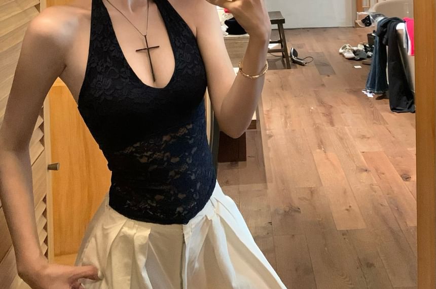 Leg Waist Top Pants Halter Lace / Plain High Wide