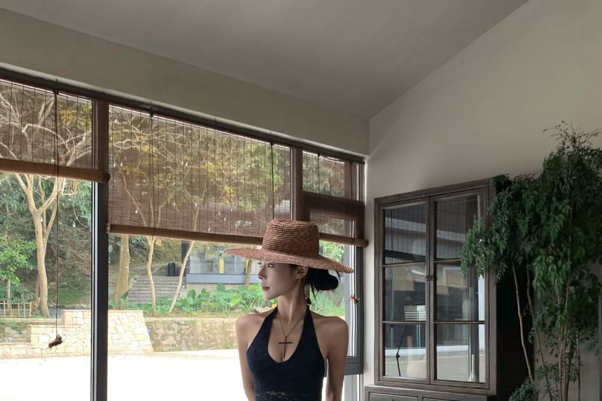 Leg Waist Top Pants Halter Lace / Plain High Wide