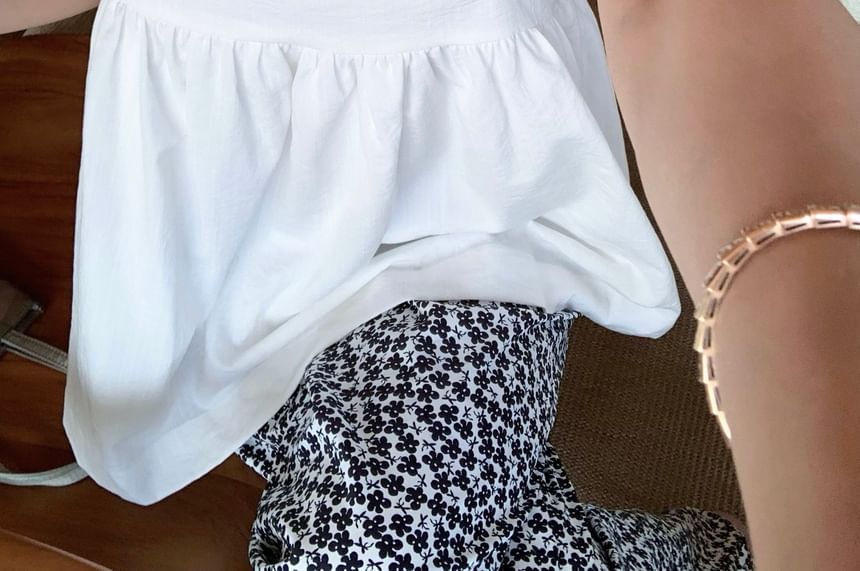 Notch Floral Leg Print High Camisole / Pants Wide Plain Top Neck Waist