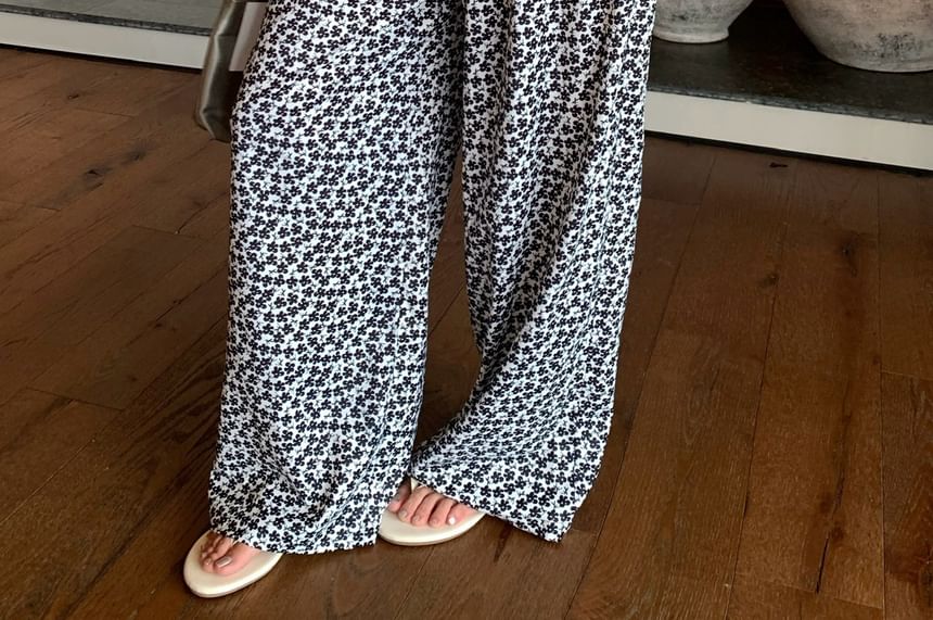 Notch Floral Leg Print High Camisole / Pants Wide Plain Top Neck Waist