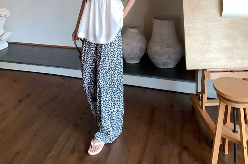 Notch Floral Leg Print High Camisole / Pants Wide Plain Top Neck Waist