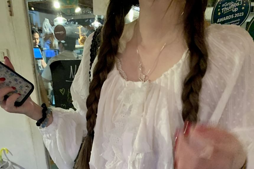 Neck Blouse Plain Long Sleeve Round Ruffle