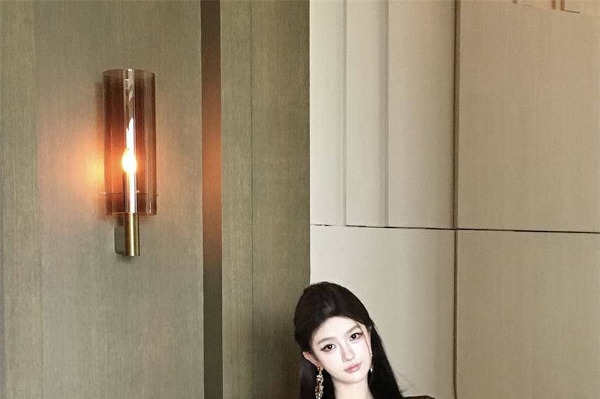 Long Plain Sleeve Wrap Crop V-Neck Blouse