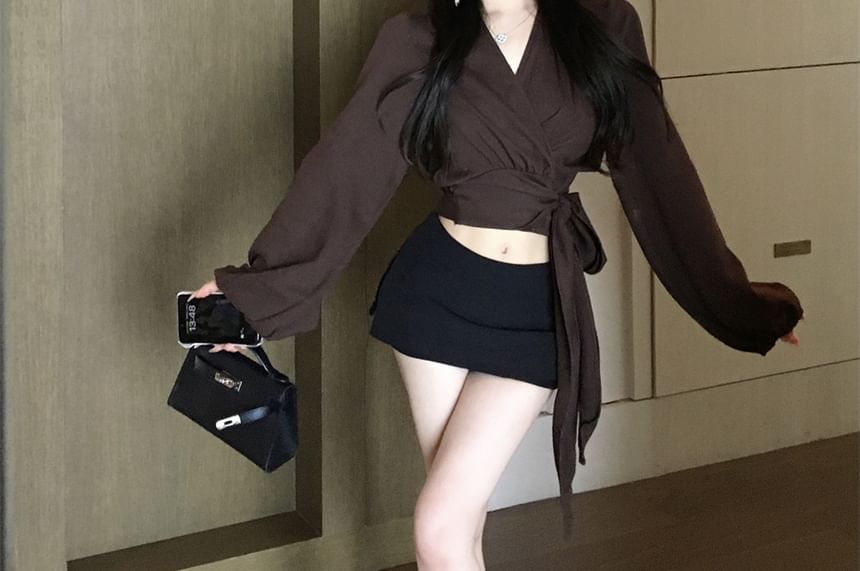 Long Plain Sleeve Wrap Crop V-Neck Blouse