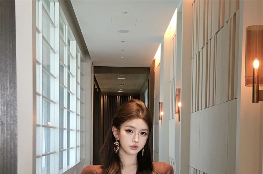 Long Plain Sleeve Wrap Crop V-Neck Blouse