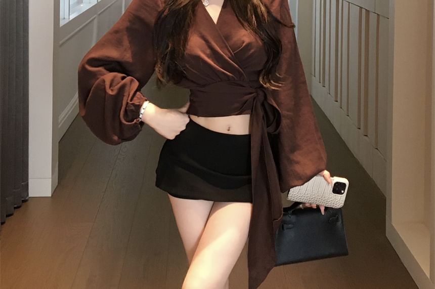 Long Plain Sleeve Wrap Crop V-Neck Blouse