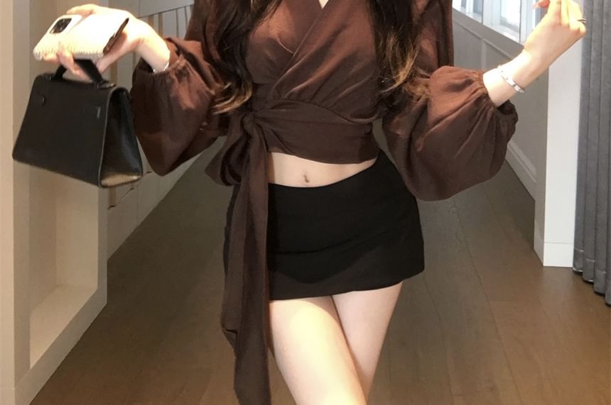 Long Plain Sleeve Wrap Crop V-Neck Blouse