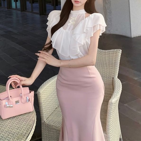 / Bow Ruffle High Sleeve Blouse Cap Rise Neck Plain Fishtail Skirt Mock Panel Maxi