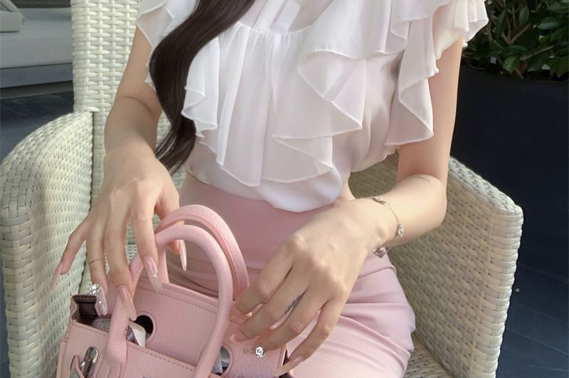 / Bow Ruffle High Sleeve Blouse Cap Rise Neck Plain Fishtail Skirt Mock Panel Maxi