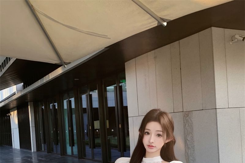 / Bow Ruffle High Sleeve Blouse Cap Rise Neck Plain Fishtail Skirt Mock Panel Maxi