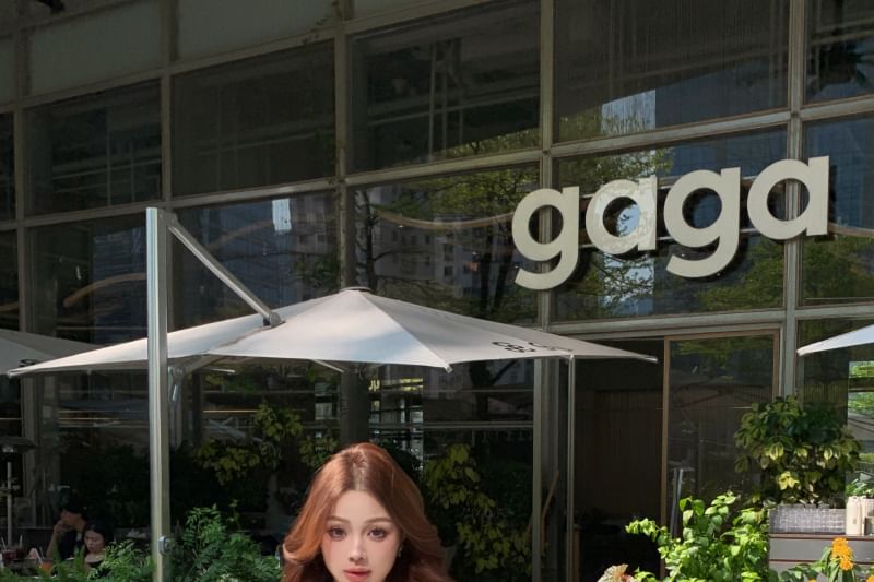 Ruffle Sleeve Plain Front Mini V-Neck Tie Skirt Lace Pencil Blouse Long / Trim