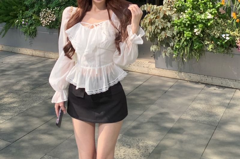 Ruffle Sleeve Plain Front Mini V-Neck Tie Skirt Lace Pencil Blouse Long / Trim