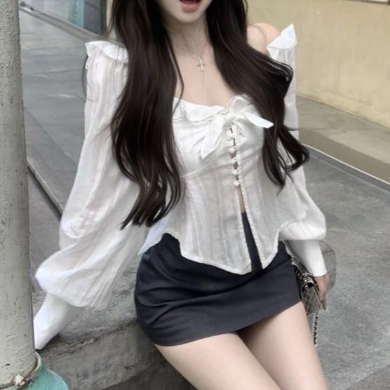 Plain Blouse V-Neck Long Sleeve Bow Ruffle