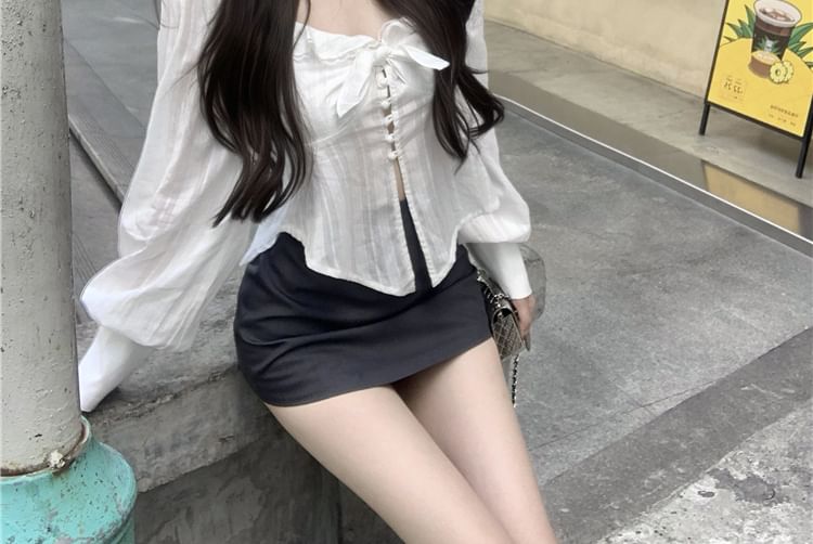 Plain Blouse V-Neck Long Sleeve Bow Ruffle