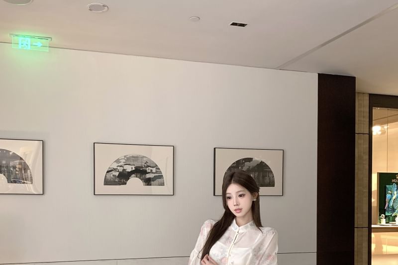 Sleeve Plain Blouse Jacquard Maxi Skirt Fishtail Long Collar / Set Print Floral Camisole Peplum Waist High Stand