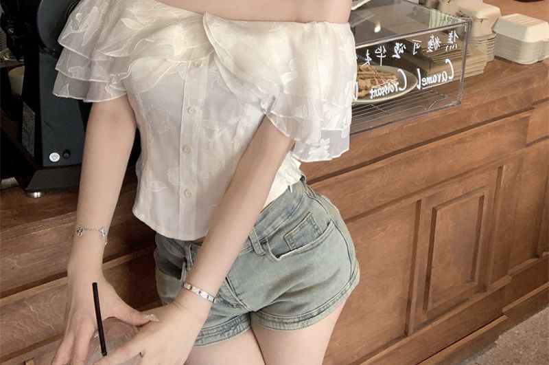 Plain Ruffle Sleeve Short Blouse Off Shoulder