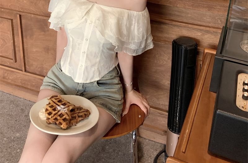 Plain Ruffle Sleeve Short Blouse Off Shoulder